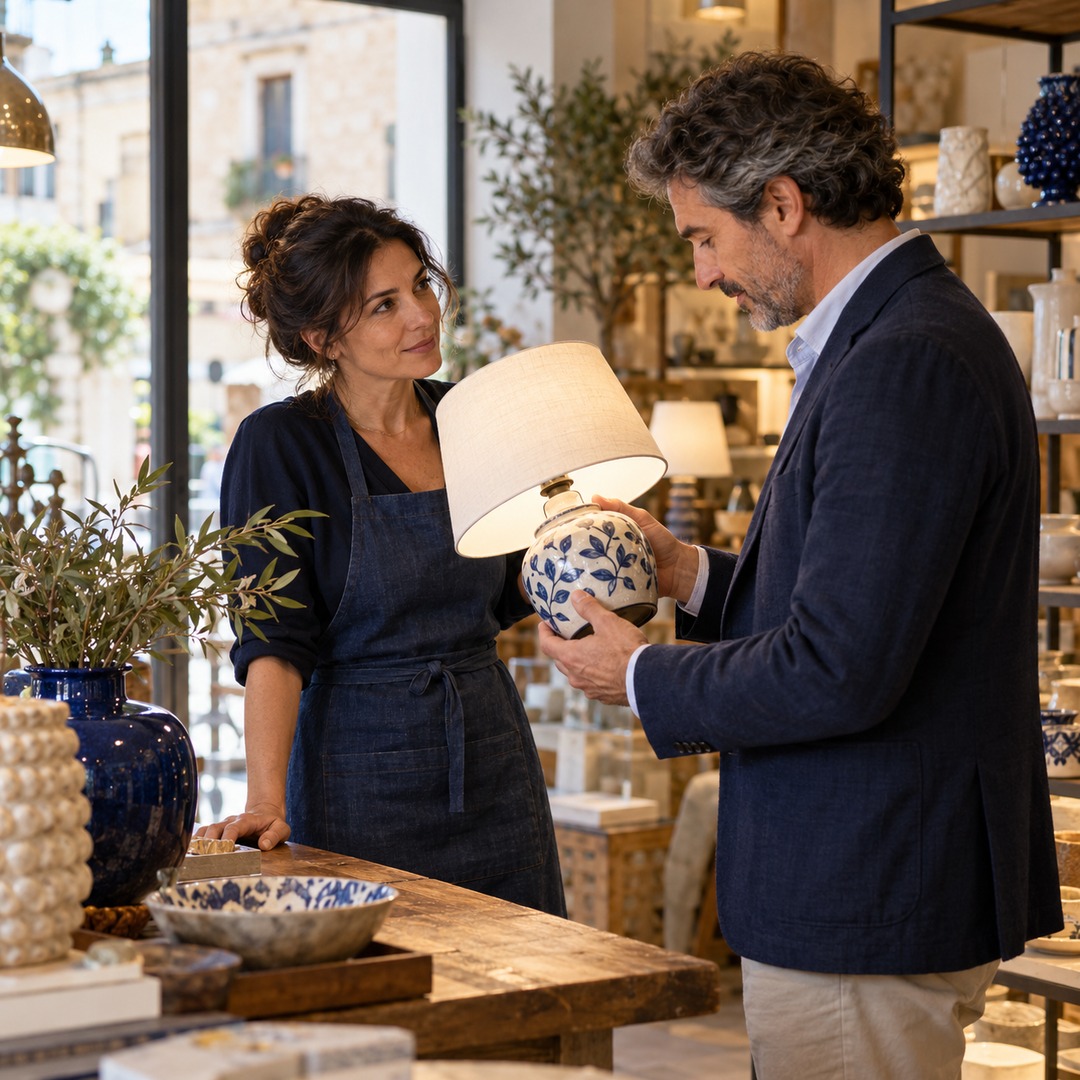 Commerciante ascolta un cliente che osserva i dettagli di una lampada in ceramica.