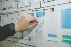 Una mano sposta una nota su una parete usata per organizzare il lavoro.
